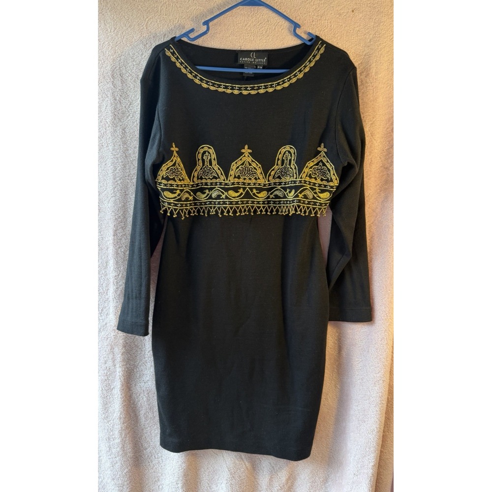 VTG Carole Little Black Gold Beaded Embroideredâ Sweater Dress Wool Blend PM